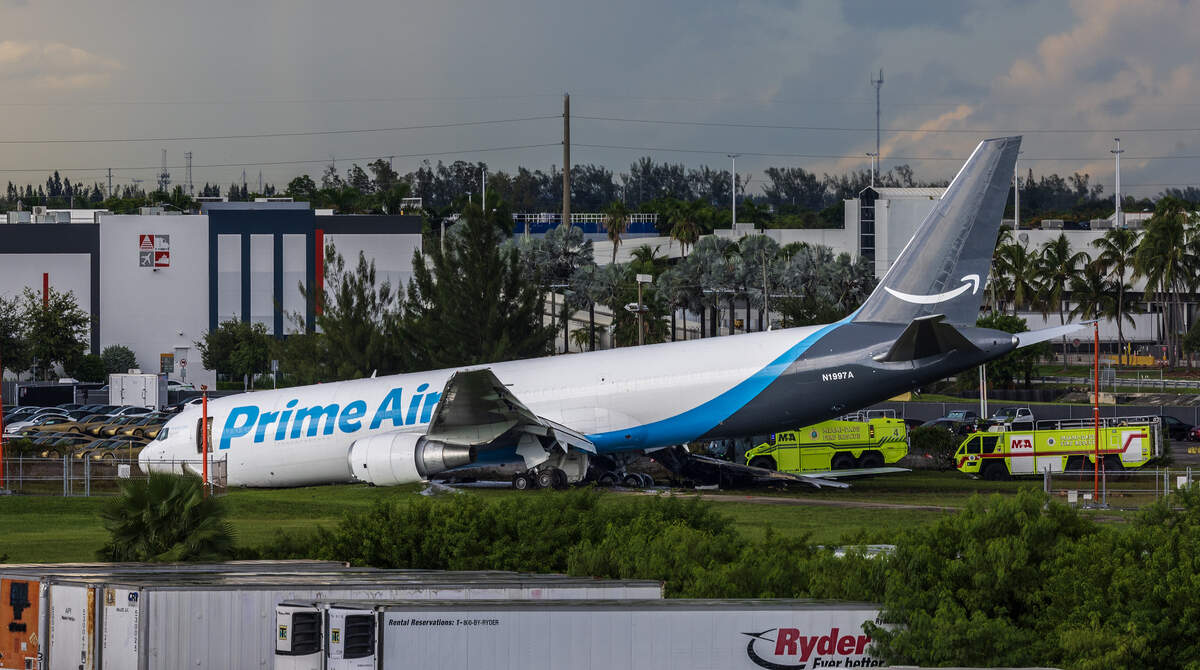 View of an Amazon cargo that plane crashed at Miami International Airport on Sunday afternoon, causing a full ground stop that halted all flights, on Sept. 6, 2026.